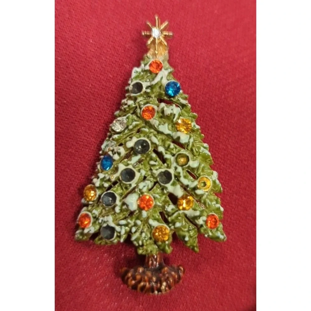 Vintage Christmas Tree Retro Brooch Pin Very Pretty With Colored Stones
